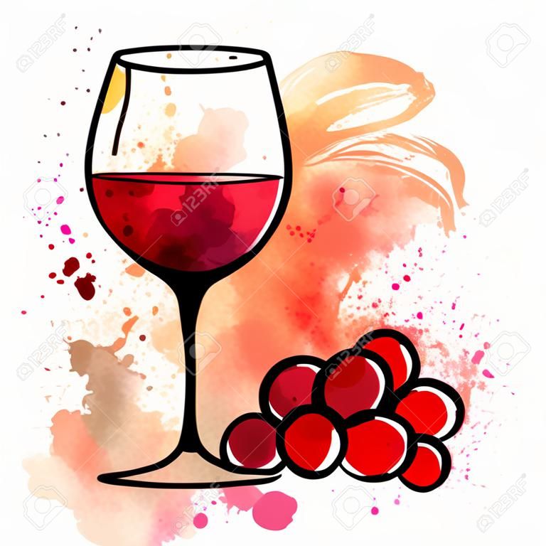 Vector drawing of red wine glass on watercolor texture