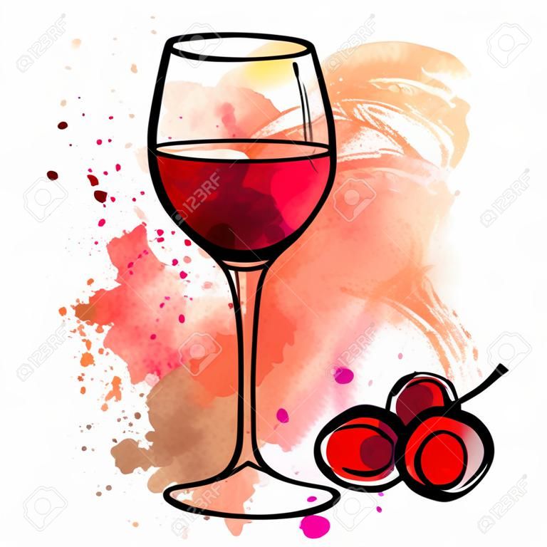 Vector drawing of red wine glass on watercolor texture
