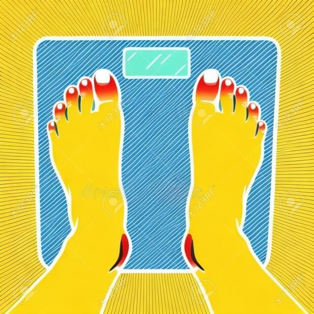 Human feet are on the scales. Colorful vector illustration. Isolated on yellow background. Design element. Template for your design, books, stickers, cards.