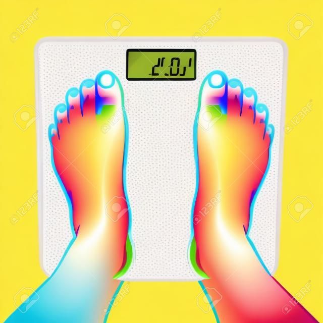 Human feet are on the scales. Colorful vector illustration. Isolated on yellow background. Design element. Template for your design, books, stickers, cards.