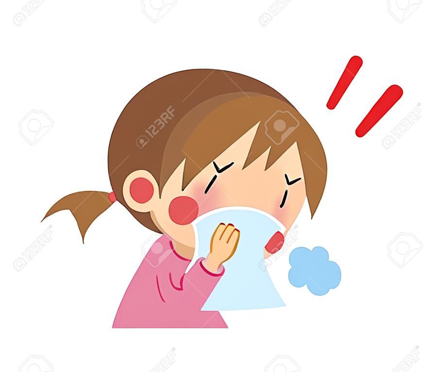 Illustration of a girl sneezing covering her mouth with a cloth.