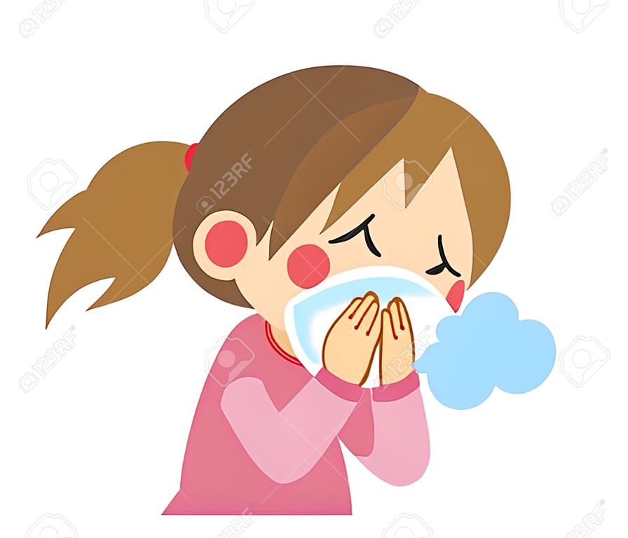 Ilustracja dziewczyny kichanie, zakrywając usta szmatką.