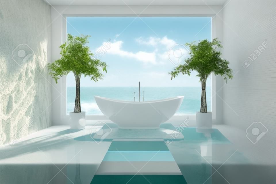 Interior moderno da casa de banho com vista para o mar
