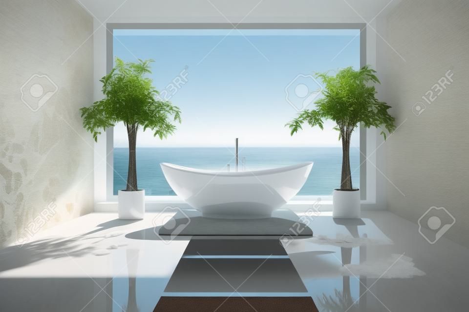 Interior moderno da casa de banho com vista para o mar