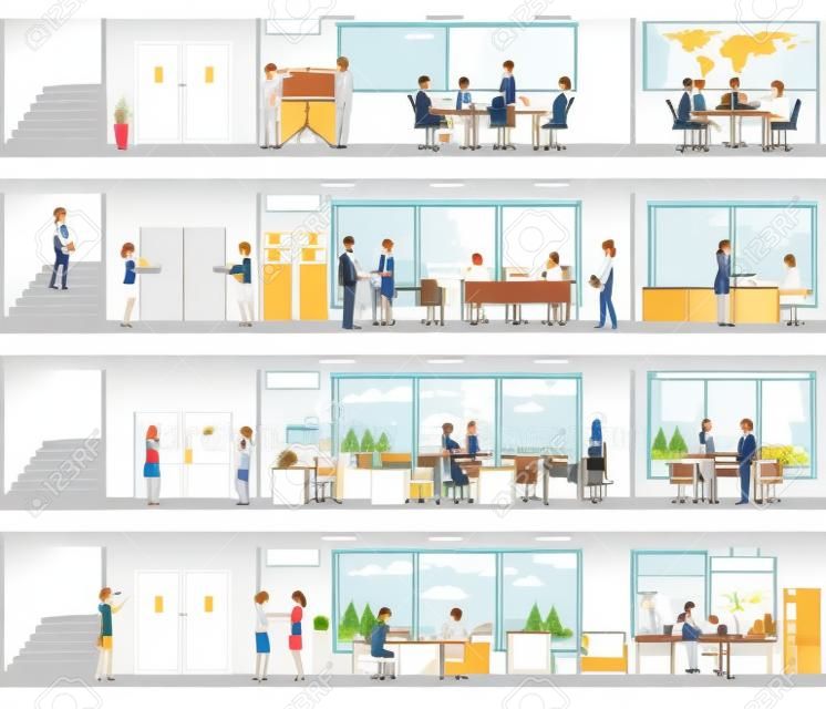 Az emberek a belső az épület, belülről irodaház, irodai belső ember, a szoba íróasztal, iroda, tárgyaló, konferencia terem vektoros illusztráció.