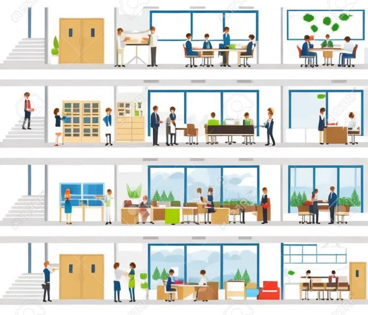 People in the interior of the building, Interior office building, office interior people, room office desk, office space, meeting room,  conference room vector illustration.