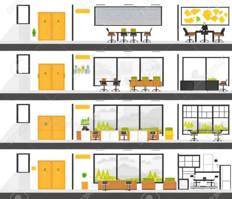 People in the interior of the building, Interior office building, room office desk, office space, meeting room,  conference room vector illustration.
