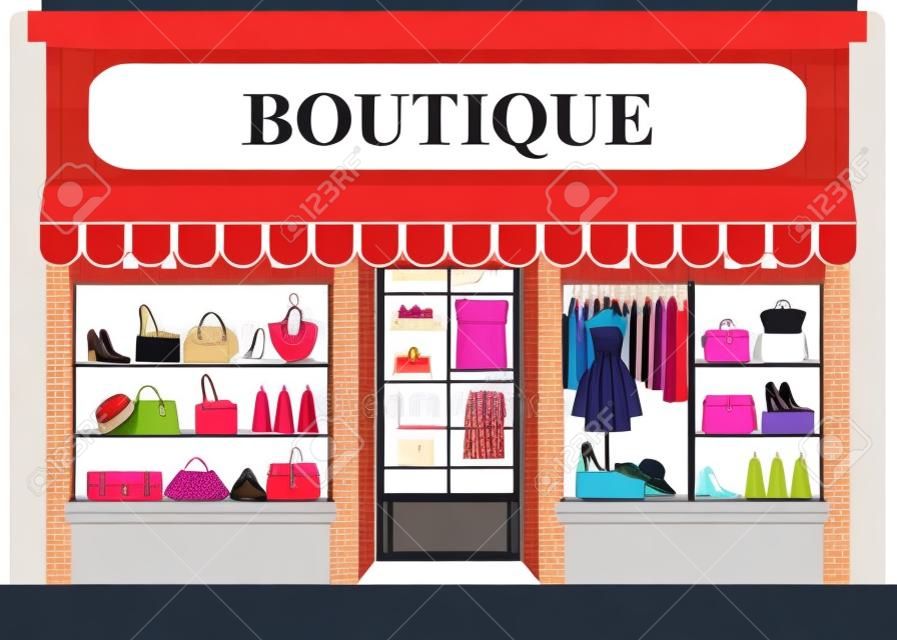 Clothing store building and interior with products on shelves, Shopping fashion, bags, shoes, accessories on sale, shopping illustration.