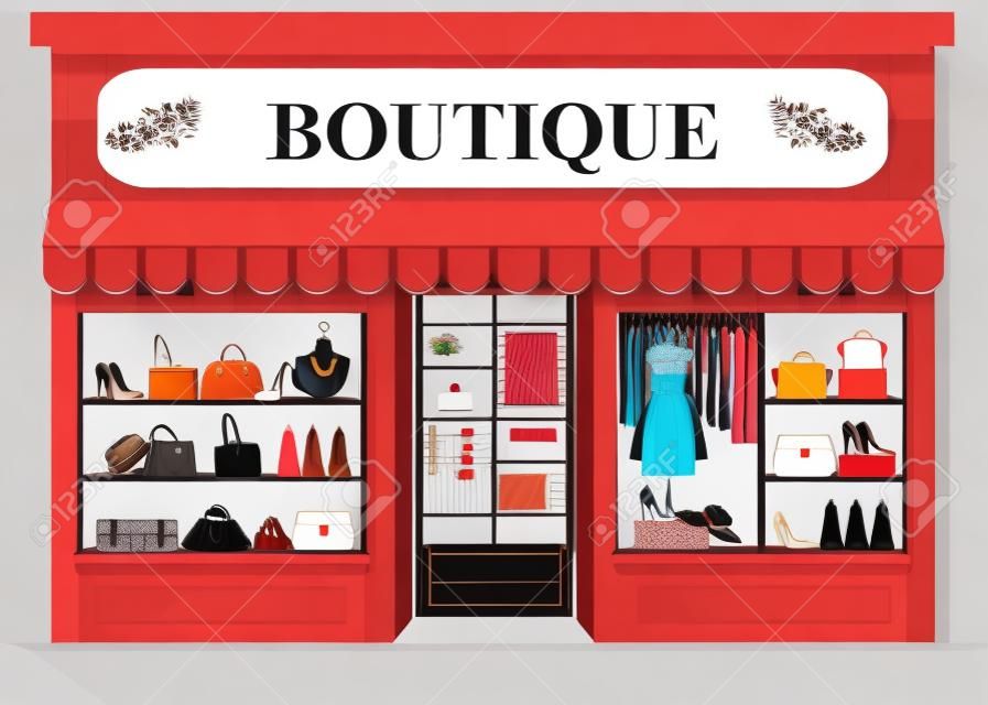 Kledingwinkel gebouw en interieur met producten op de planken, Winkel mode, tassen, schoenen, accessoires te koop, winkel illustratie.