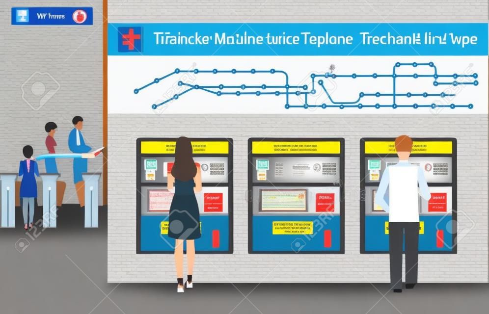 People  buying a ticket for the train, Train ticket vending machines wiyh Railway Map, Entrance of railway station, transportation illustration.