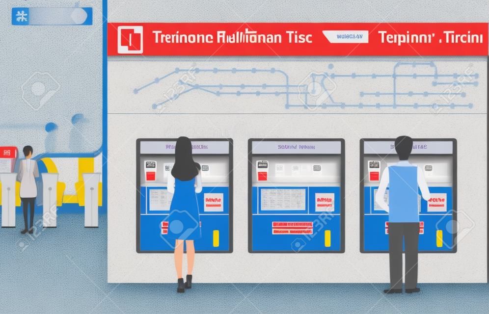 Leute, die ein Ticket für den Zug zu kaufen, Verkaufsautomaten Zugticket wiyh Railway Karte, Eingang des Bahnhofs, Transport Illustration.