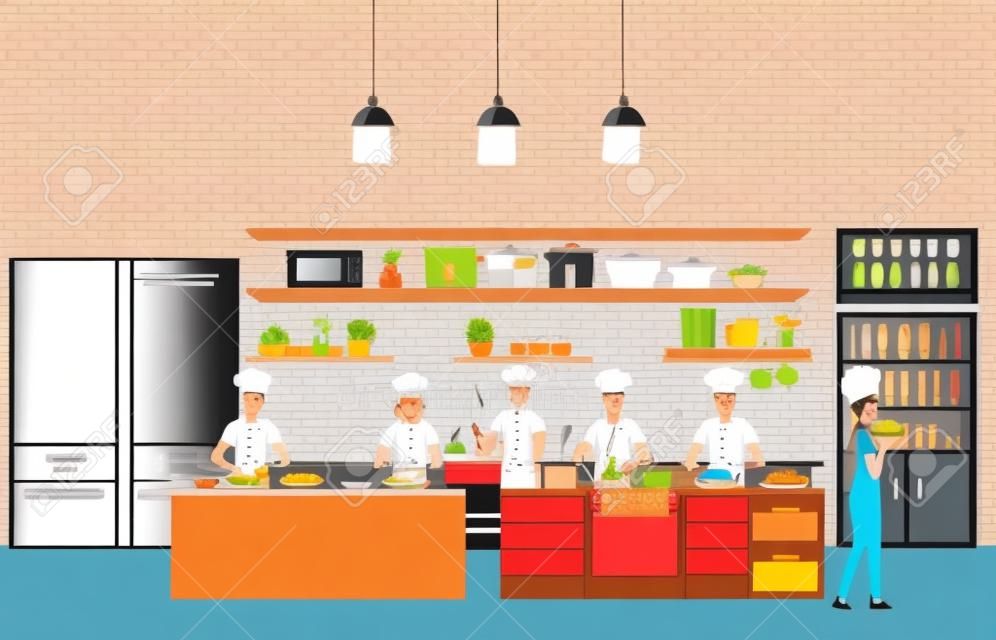 Chefs cooking at the table in restaurant kitchen interior with kitchen shelves and cooking utensils, equipment on counter with bricks patterned background, vector illustration.