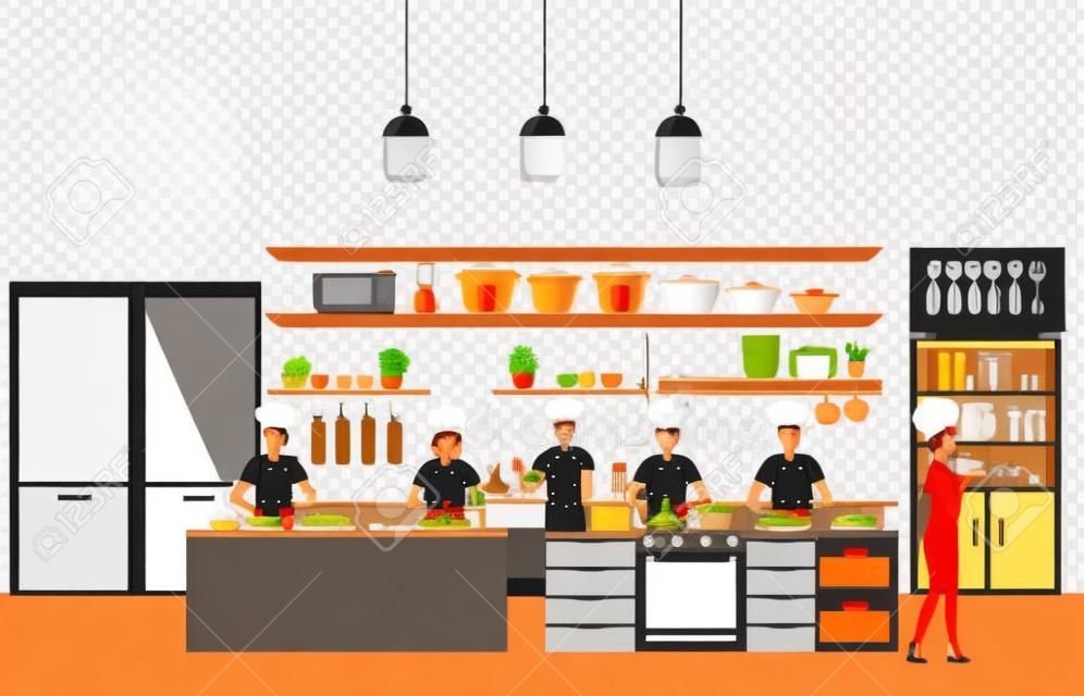 Chefs de cocina en la mesa de la cocina en el restaurante entre otras con estantes de cocina y utensilios de cocina, equipo en el mostrador con ladrillos con dibujos de fondo, ilustración vectorial.