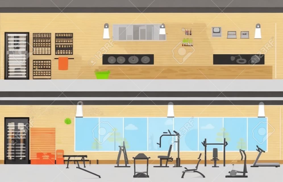 Set of fitness gym interior with equipment and sauna interior or steam room flat design Vector illustration.