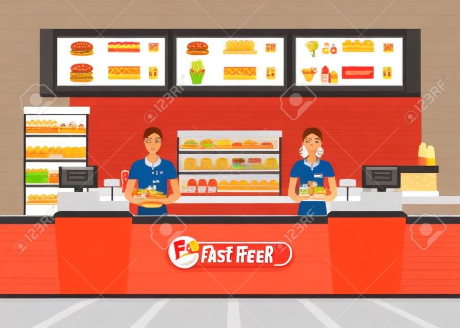 Male and female cashier at fast food restaurant  interior with hamburger and beverage, character flat design vector illustration.