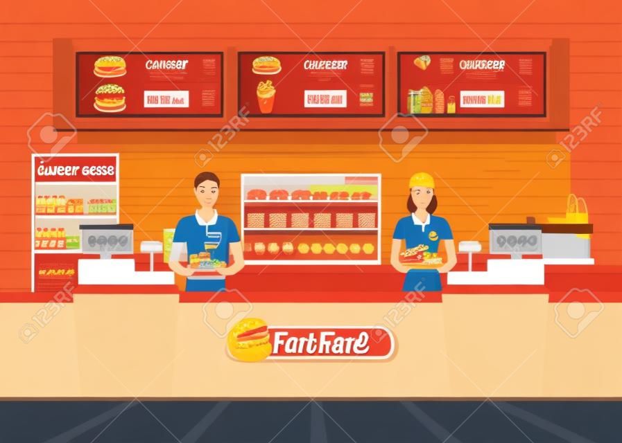 Male and female cashier at fast food restaurant  interior with hamburger and beverage, character flat design vector illustration.