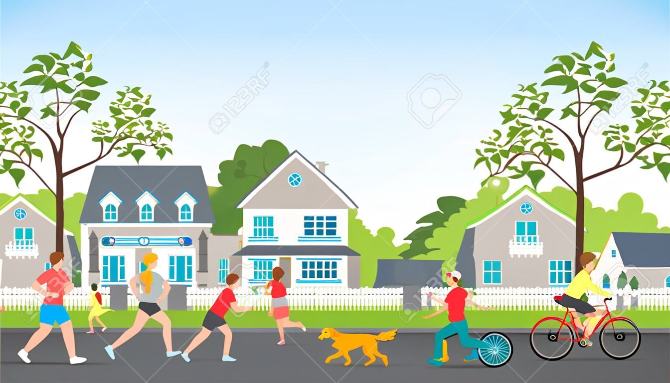 Atividades de pessoas na aldeia moderna, relaxando, correndo, andando de bicicleta e correndo na rua da aldeia, charactor cartoon vector illustration.