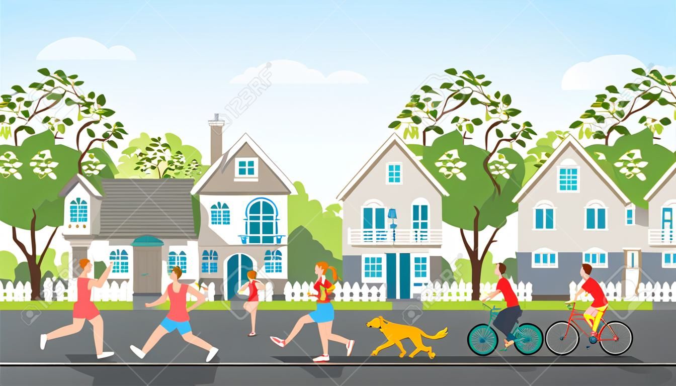 Actividades de las personas en la aldea moderna, relajante, trotar, montar bicicleta y correr en la calle de la aldea, ilustración de dibujos animados personaje de dibujos animados.