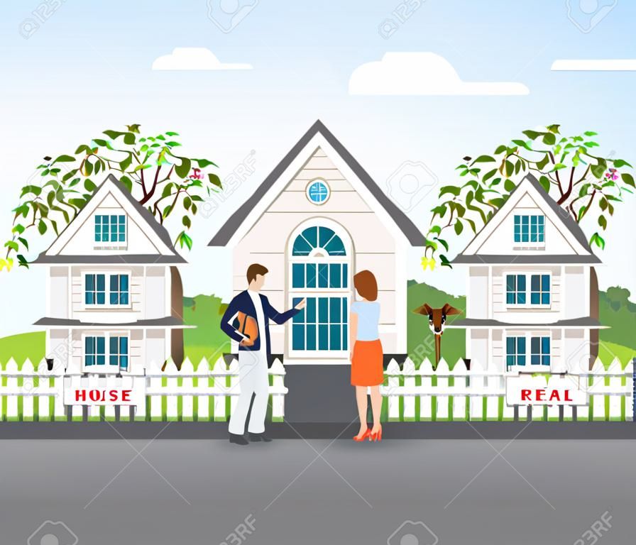 Agente immobiliare che mostra nuova casa alle coppie, illustrazione concettuale di vettore del bene immobile.