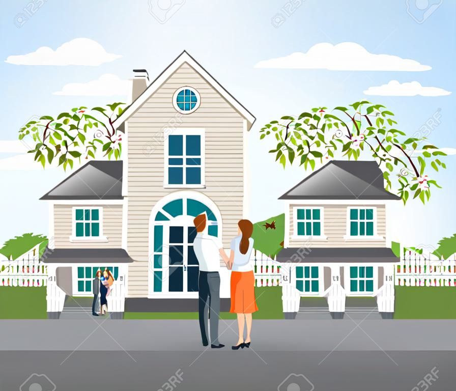 Real estate agent showing new house to couple, real estate conceptual vector illustration.