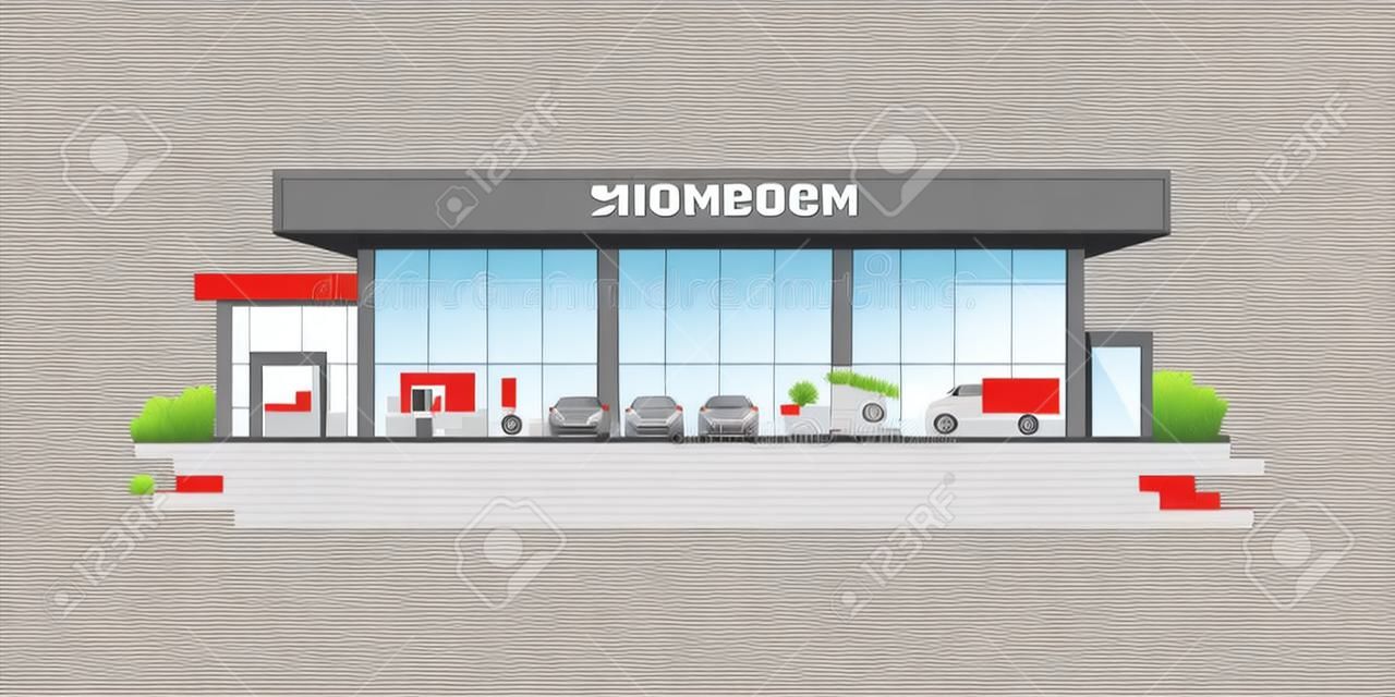 Modern car dealership centre showroom building, automobile showroom exterior vector illustration.