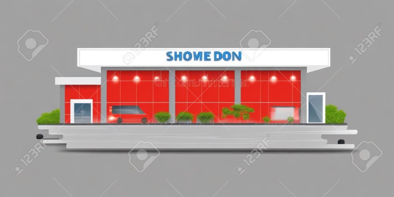 Modern car dealership centre showroom building, automobile showroom exterior vector illustration.