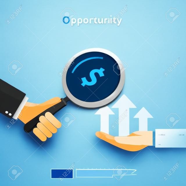 business idea analytic and opportunity research concept with increase growth graphic chart and magnifying glass on hand. Finance performance of return on investment ROI illustration with arrow element
