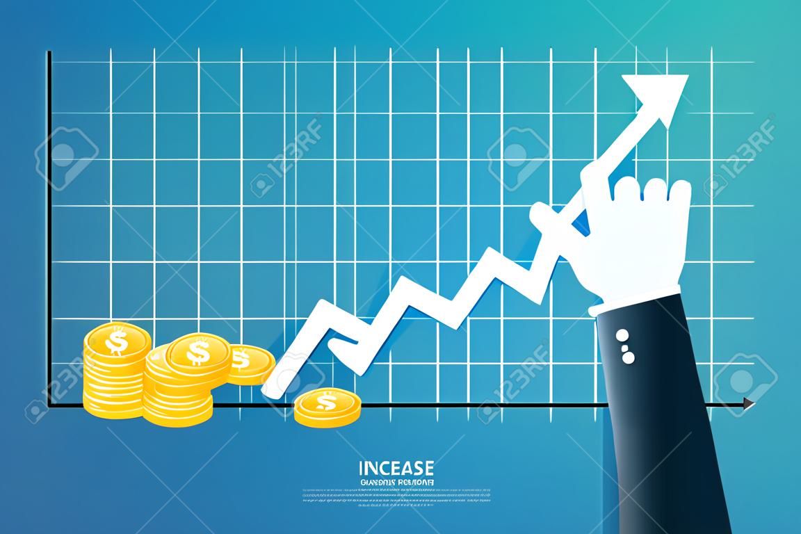 Increase profit sales diagram. Hand with business chart growth in flat style design. increasing graph investment revenue with line arrow and businessman hand vector illustration concept to success