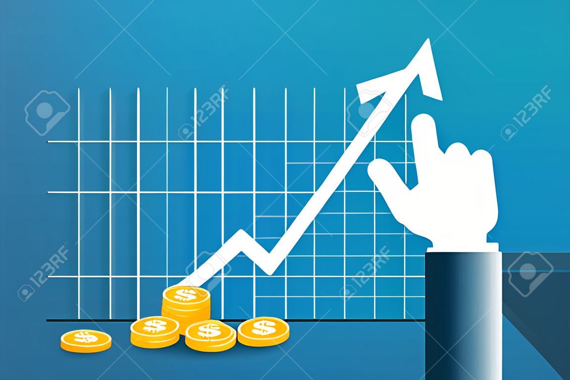 Increase profit sales diagram. Hand with business chart growth in flat style design. increasing graph investment revenue with line arrow and businessman hand vector illustration concept to success