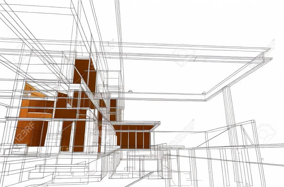 Proyecto arquitectónico de vivienda de dibujo, por estilo de alambre, generado por computadora