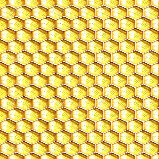 蜂窝无缝模式。明亮的金色太阳背景。蜂蜜养蜂场。蜜蜂工作。健康的天然产品。传染媒介例证。