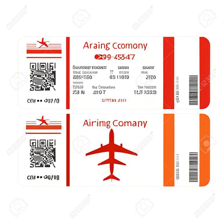 Modello di biglietto aereo. Volo in economia aerea. Disegno rosso. Carta d'imbarco per il decollo dall'aereo. Illustrazione vettoriale isolato su sfondo bianco