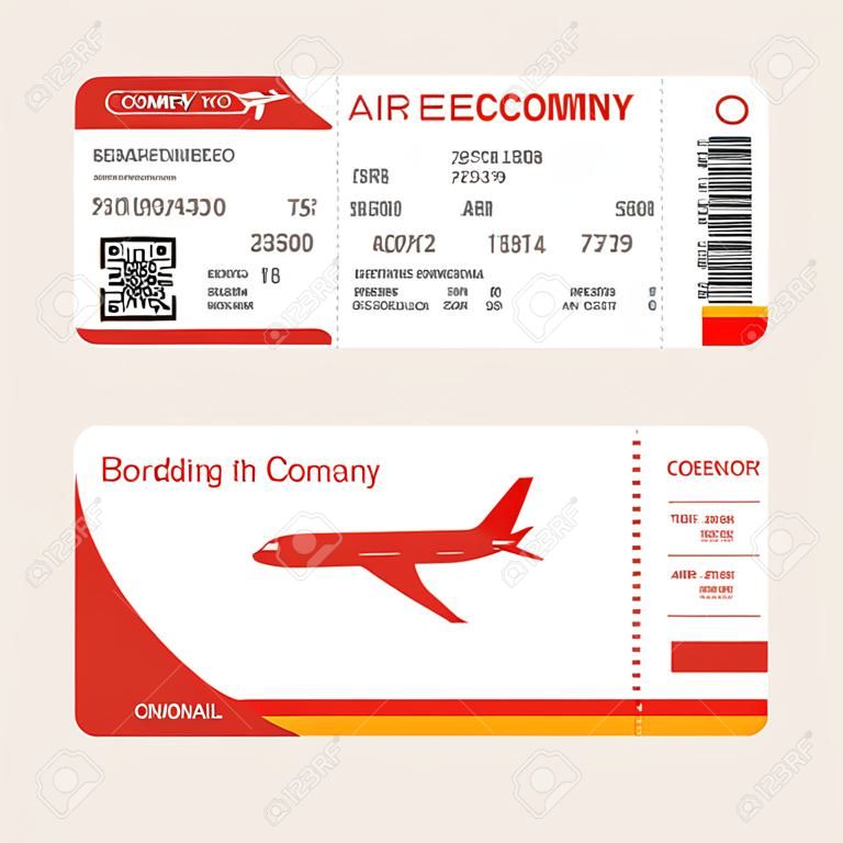 Plane ticket template. Air economy flight. Red design. Boarding Pass to take off the aircraft. Vector illustration isolated on white background
