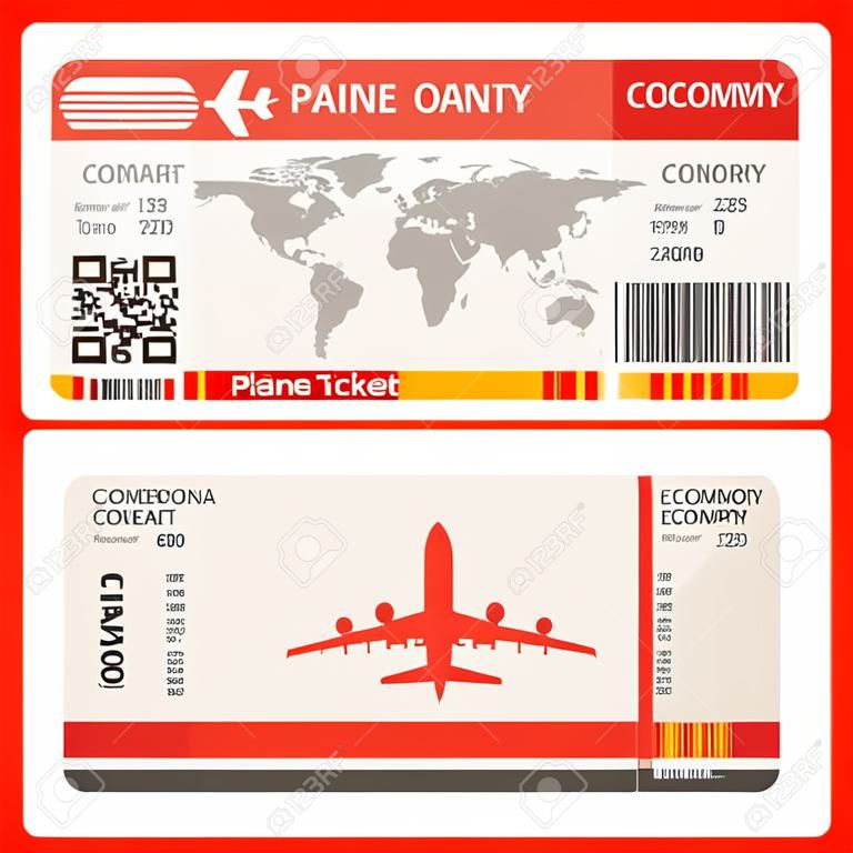 Szablon biletu lotniczego. Lot ekonomiczny. Czerwony wzór. Karta pokładowa na start samolotu. Ilustracja wektorowa na białym tle