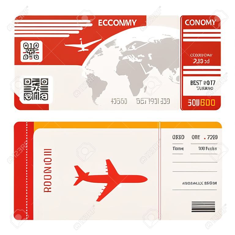 Vorlage für Flugtickets. Flug in der Luftwirtschaft. Rotes Design. Bordkarte zum Abheben des Flugzeugs. Vektor-Illustration isoliert auf weißem Hintergrund