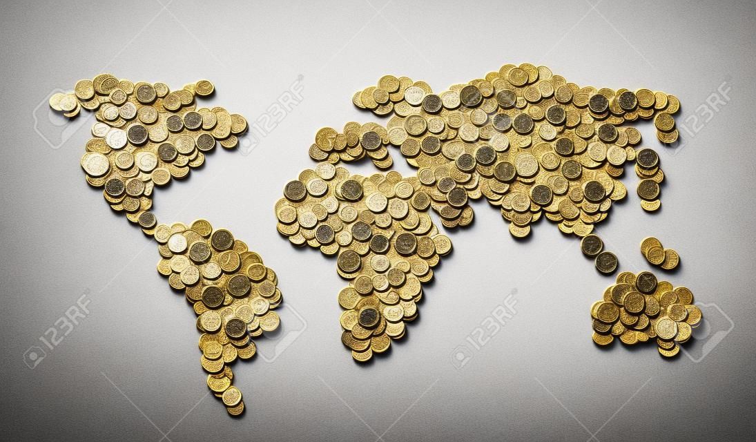 글로벌 자금의지도. 세계지도 흰색 배경에 고립 된 돈을 동전으로 만든