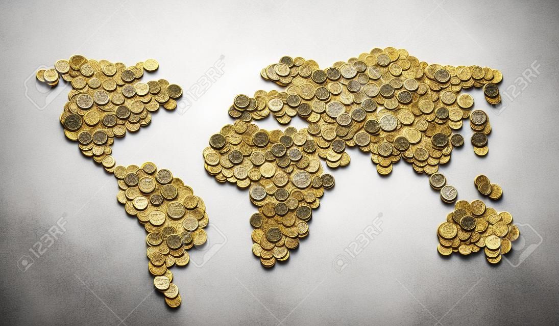 Globale Geldkarte. Weltkarte der Geld-Münzen isoliert auf weißem Hintergrund