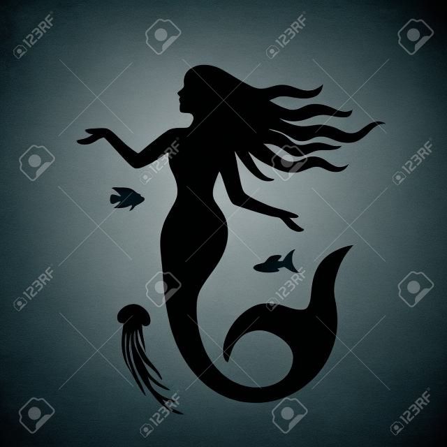 一个美丽的美人鱼剪影在水底黑白背景下留着长发