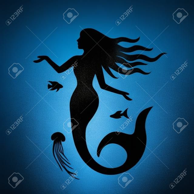 Silhueta de uma bela sereia com cabelos longos sob a água. fundo preto e branco