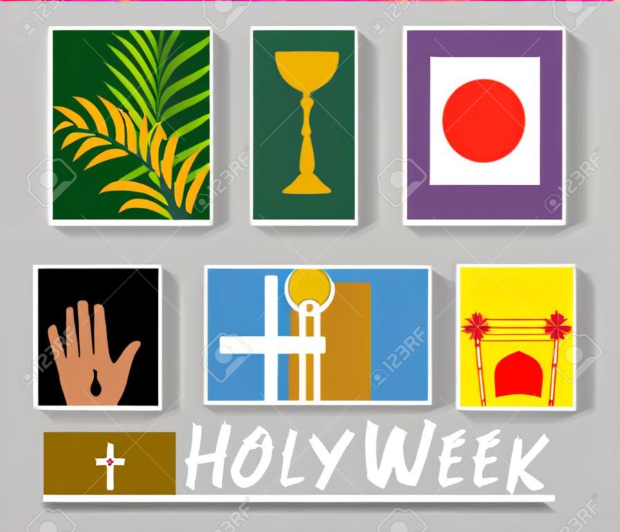 Christian banner "Holy Week" with a collection of icons about Jesus Christ. The concept of Easter and Palm Sunday. flat vector illustration