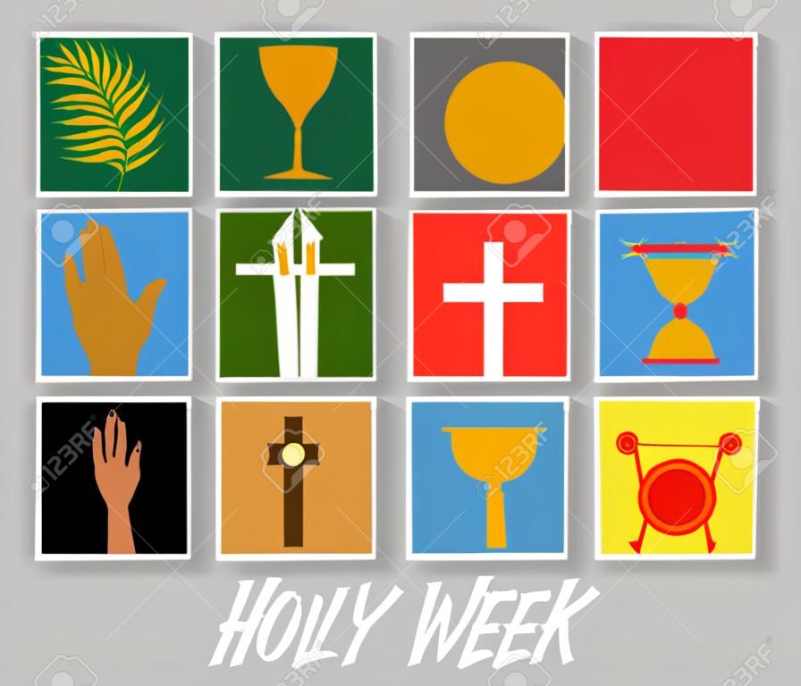 Keresztény zászló "Nagy hét" ikongyűjteménygel Jézus Krisztusról. A húsvét és a virágvasárnap fogalma. lapos vektoros illusztráció