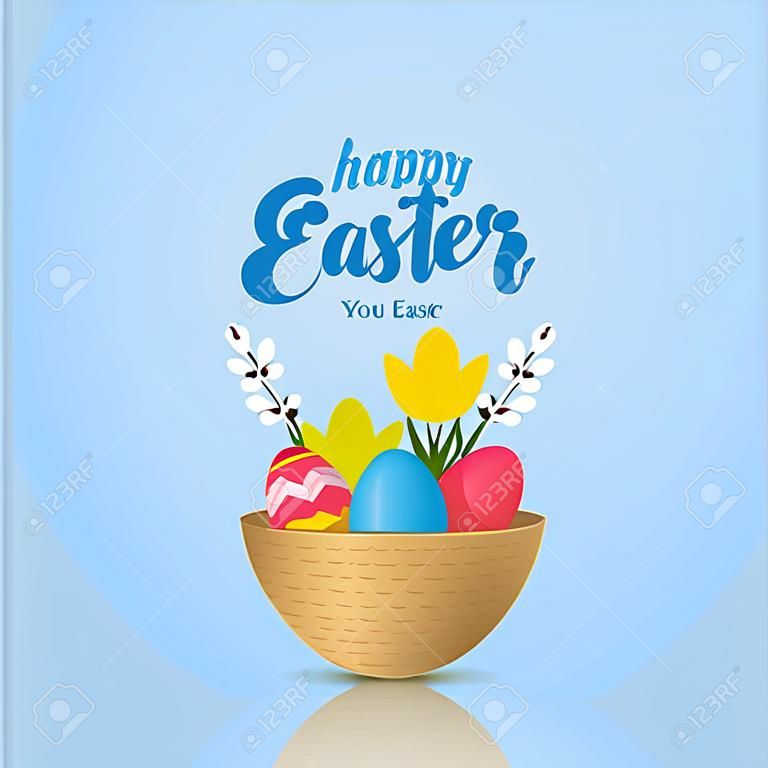 Happy Easter. Holiday card with Easter basket, eggs and flowers. Greeting lettering. vector illustration