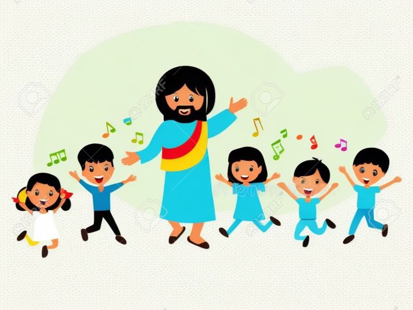 Jezus Chrystus i dzieci śpiewają piosenki i radują się. szkółka niedzielna dla dzieci. ilustracja wektorowa na białym tle