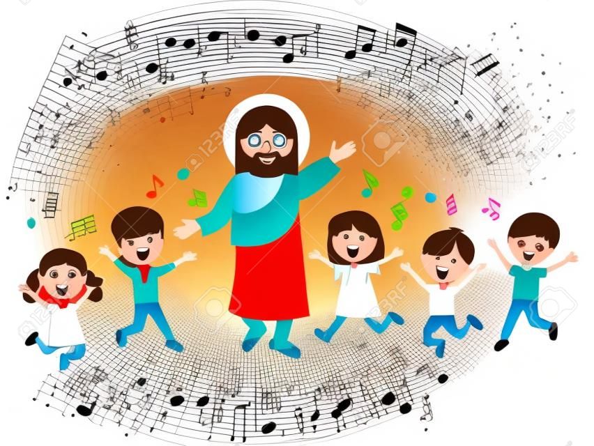 Jesucristo y los niños cantan canciones y se regocijan. Escuela dominical para niños. ilustración vectorial aislado sobre fondo blanco