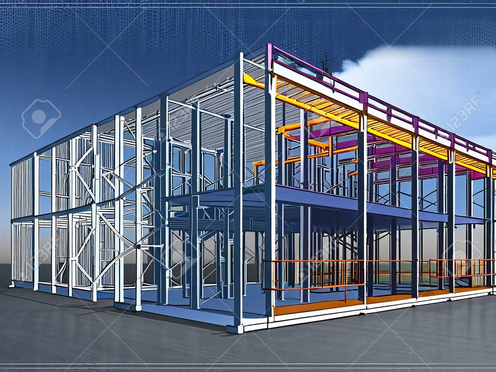금속 구조의 빌딩 정보 모델. 3D BIM 모델. 건물은 강철 기둥, 보, 연결 등으로 구성되어 있습니다. 3D 렌더링입니다. 엔지니어링, 산업, 건설 BIM 배경입니다.