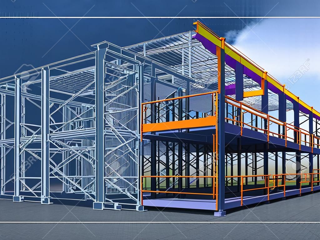 Building Information Modello di struttura metallica. Modello BIM 3D. L'edificio è costituito da colonne in acciaio, travi, collegamenti, ecc. Rendering 3D. Ingegneria, industria, costruzione BIM background.