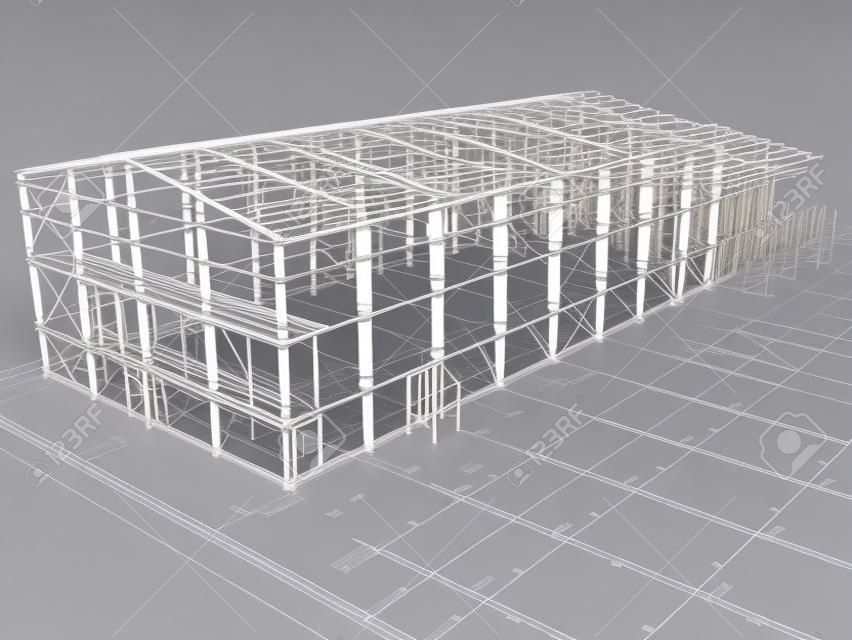 BIM building model of columns, beams, ties, girders. The metal structures are welded and bolted together. 3D rendering. The drawing of the building structure is made by an engineer.