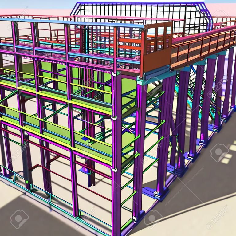 Structural BIM model of a large industrial building. Presentation of BIM design and construction technology for the construction customer. 3D rendering.