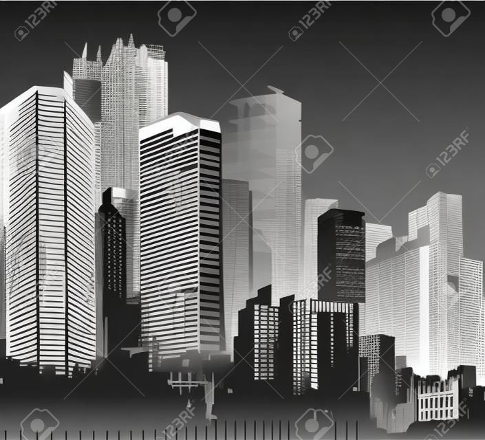 Fekete-fehér panoráma városok. Vektor művészet