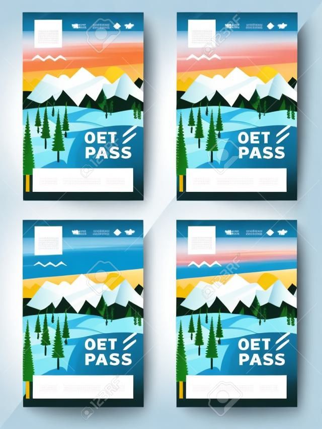 矢量滑雪通行證模板設計的一套。時尚多彩的山背景圖
